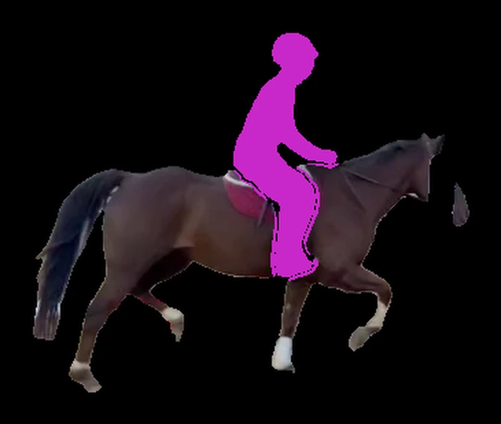 A horse as filmed, with the rider replaced by a solid magenta shape, on black